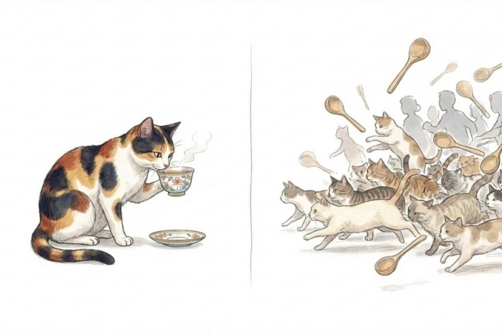 左に湯のみをくわえる猫、右に群れの猫と杓子が飛び交う場面が並び、中央で画面が二分された対照的な構図。猫も茶を飲むと猫も杓子もを区別するポイントを整理できる対比図。