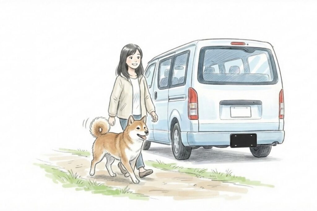 ペットタクシーのバンの前を飼い主と犬が歩く安心イメージで、通院や引越しなど目的別利用を連想させるイラスト