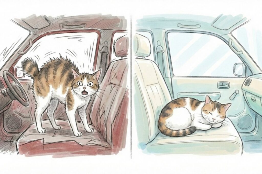 車内で不安な猫と落ち着いて眠る猫を対比し、ペットタクシーでの猫の移動ストレス対策を示すイラスト