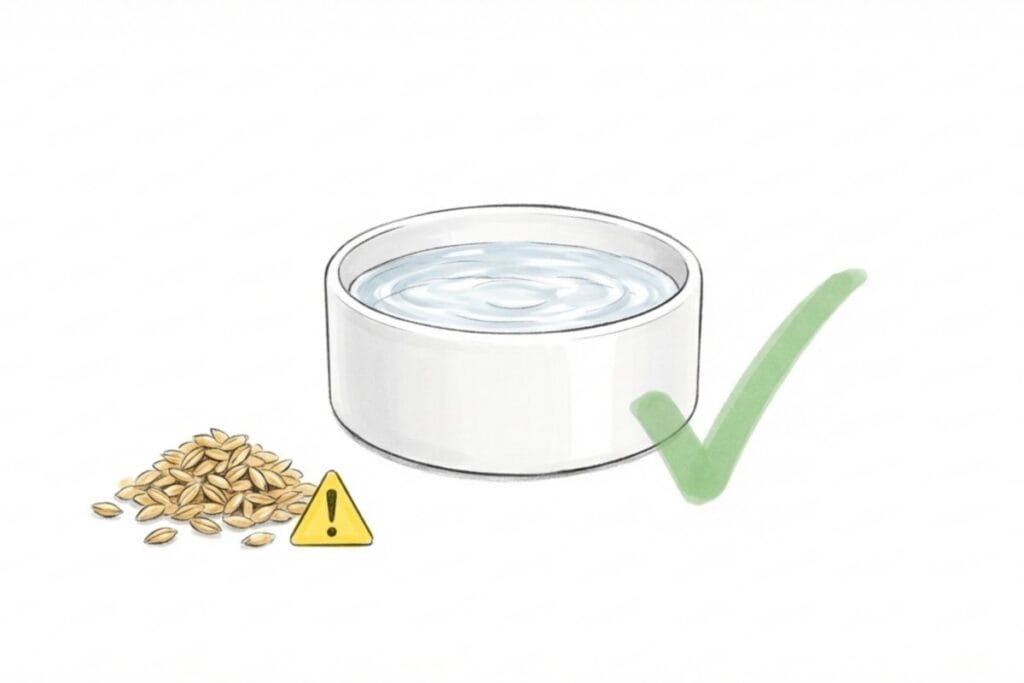 水の入った器に大きなチェック印が添えられ、横に麦粒と黄色い注意マークが置かれている。麦茶は比較的安全でも、与える量や体調、ミネラル負担への配慮が要ることを補う。