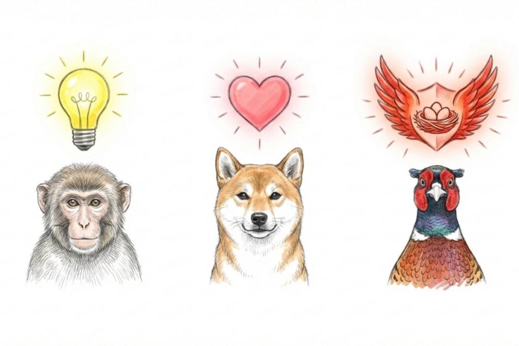 猿・犬・キジの顔が横並びになり、上に電球・ハート・翼の紋章が配置された図。智仁勇の割り当てとして知恵・仁愛・勇気を対応づける説明に沿うイラスト