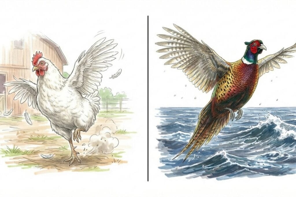 左にニワトリ、右に海上を飛ぶキジが並ぶ対比イラストで、飛翔力の違いが直感的に分かる。鶏ではなくキジが選ばれた理由を役割面から補強する比較