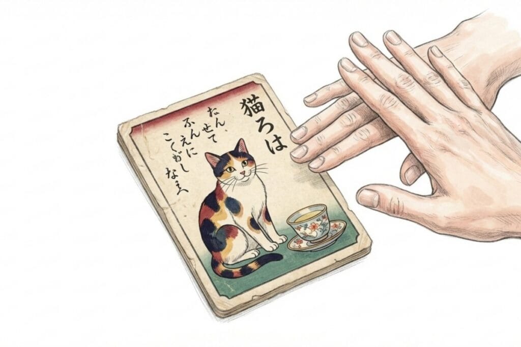 古い札のような紙片に猫と湯のみの絵が描かれ、右側に人の手が重なり、指先がそっと添えられている。猫も茶を飲むの由来を語る場面として、江戸いろはかるたの雰囲気や当時の風刺を感じさせる。