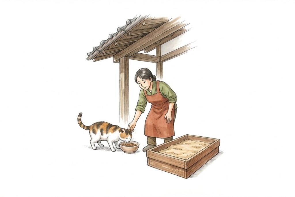 木の屋根の下でエプロン姿の女性が猫に餌を与え、横に砂の入った箱型トイレが用意されている。地域猫活動へ転換し、時間と場所を決めた給餌とトイレ設置・清掃で管理するイメージ。