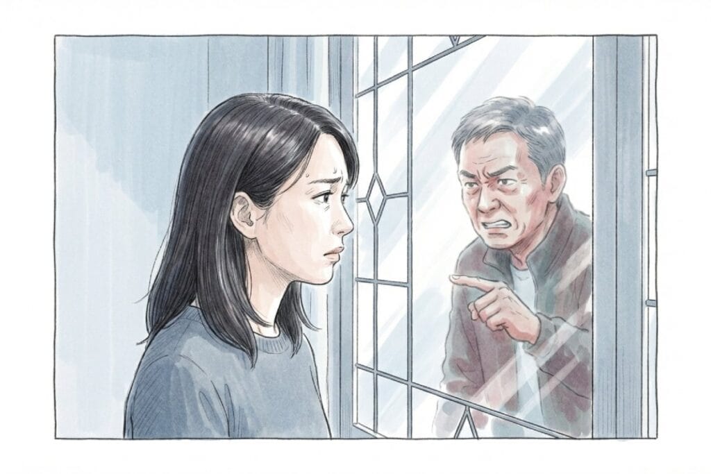 窓枠越しに怒った男性が指を差して叱責し、室内の女性が困った表情で受け止めている。野良猫の餌やりをめぐり言い争いになり、責任や法的リスクが争点になる緊張感を伝える構図。