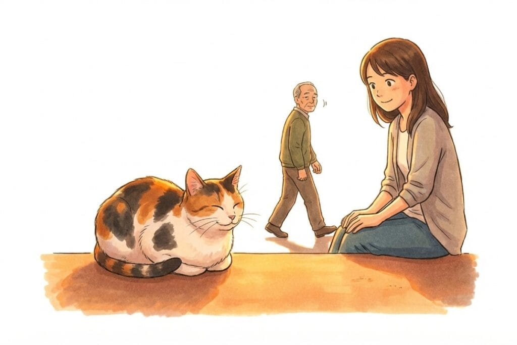 日なたで丸く座る猫を前に女性が腰かけ、背後を高齢者が通り過ぎる穏やかな情景。総括として、地域でのトラブルを減らしながら共存へ向けた関わり方を整える雰囲気が残る一枚。