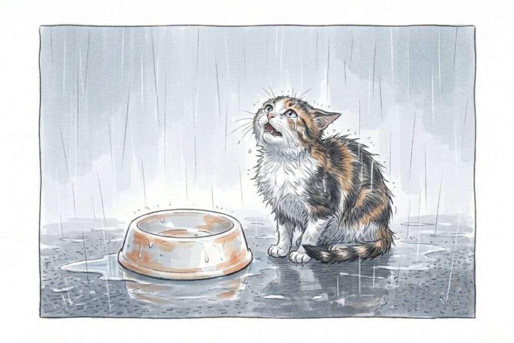 雨の路面に空の器が残り、水たまりのそばで濡れた三毛猫が上を見て鳴いている。急な給餌停止のあとに起こる衰弱リスクに加え、ゴミ漁りなどの行動変化も想像しやすい一場面。