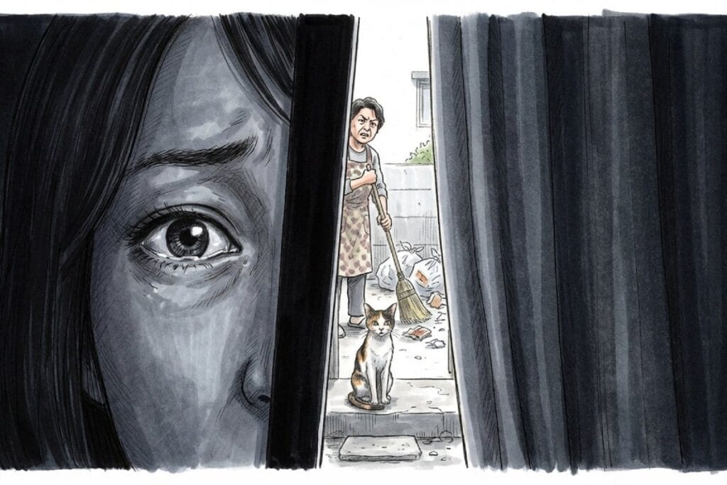 暗いカーテンの隙間から女性の目元がアップで覗き、路地では住民が散乱物を掃除し猫が佇む。給餌の放置が苦情や逆恨みを招き、近所トラブルと人間関係が泥沼化する様子の対比。