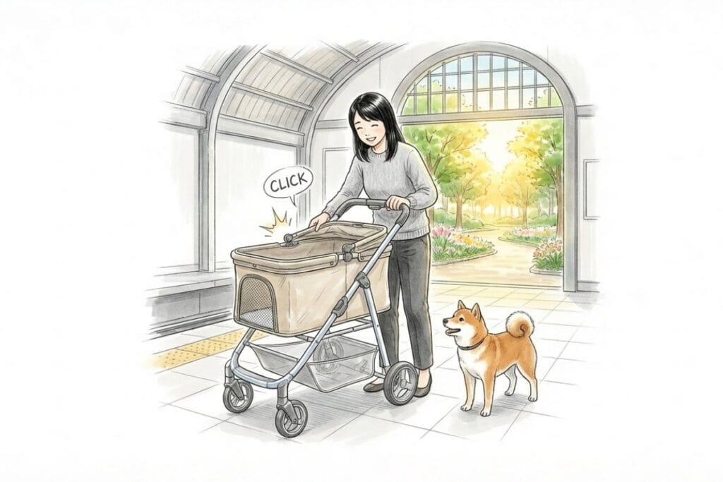 駅の入口付近で女性がペットカートの蓋を閉め、留め具がカチッと固定される様子が描かれる。電車移動を前提にしたカート選びでは、コットの閉じやすさや密閉性も見るポイント。