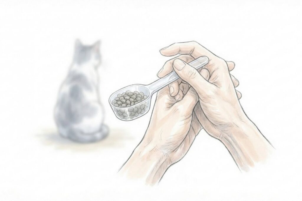計量スプーンでドライフードの粒を量る手元のアップ。猫の腎臓病予防のためにリン量や成分を意識してフードを管理するイメージ。