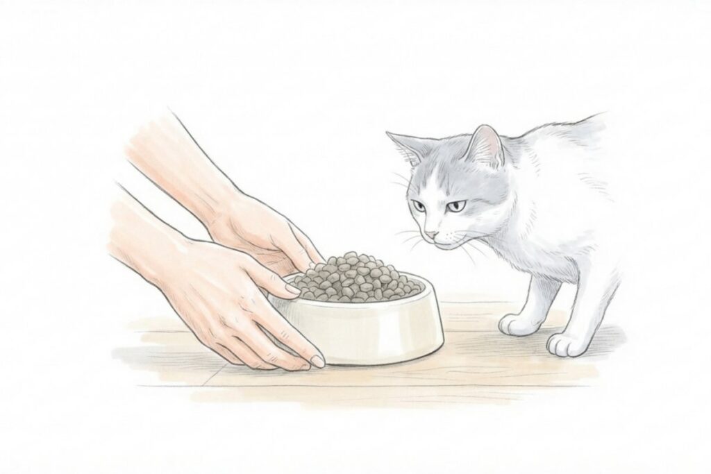 飼い主の手がフード皿を差し出し、猫が匂いを確かめている。療法食とケアフードを猫の状態に合わせて選ぶ判断をイメージ。