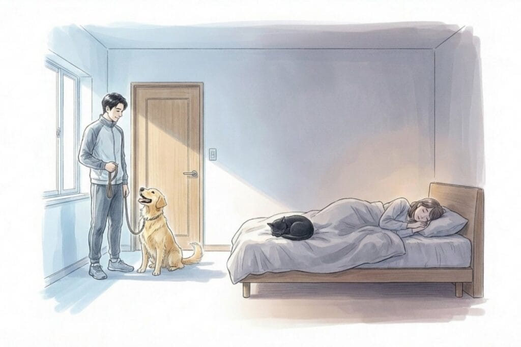 犬の散歩に行きたい人と、ベッドで眠る人と猫の対比。犬派の朝型・活動型と猫派の静かな時間志向による生活リズムのズレを表現。