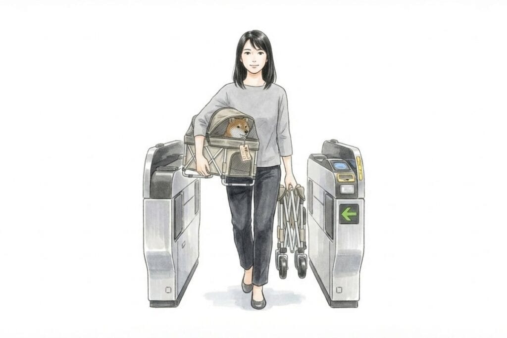 改札の間を歩く女性が、犬入りのコットを抱え、畳んだカートフレームを手に持って通過している。手回り品として持ち込むための分離ルールと、改札通過時の流れが分かる場面。