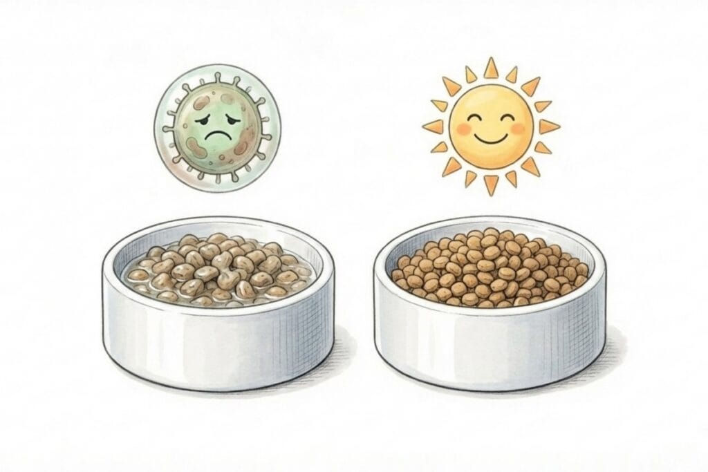 湿ったフードと乾いたフードの食器、細菌と太陽のアイコンの挿絵。ふやかしフード腐敗の対策