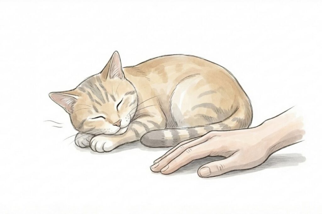 安心して眠る猫と、そっと添えられた手のイラスト。食欲不振が落ち着いた後の見守りとケアのイメージ。