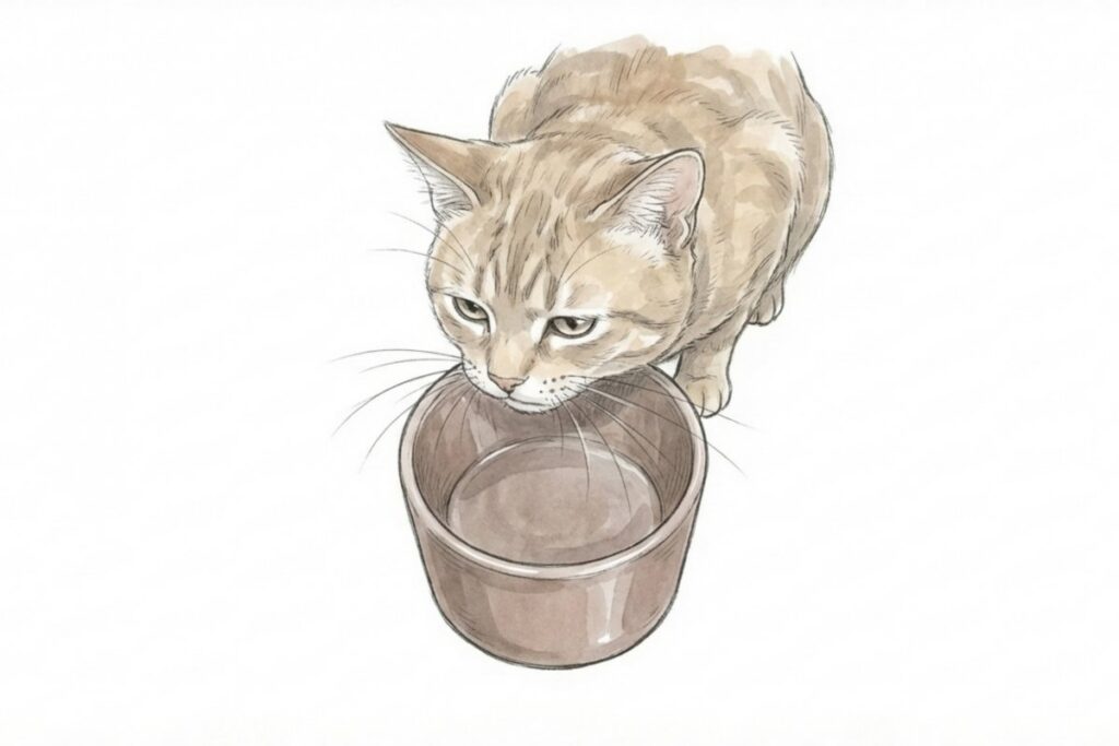 フード皿をのぞき込みながら食べない猫のイラスト。ストレスや飽きでご飯を拒否し、チュールなど嗜好性の高い物だけ食べる状態の例。