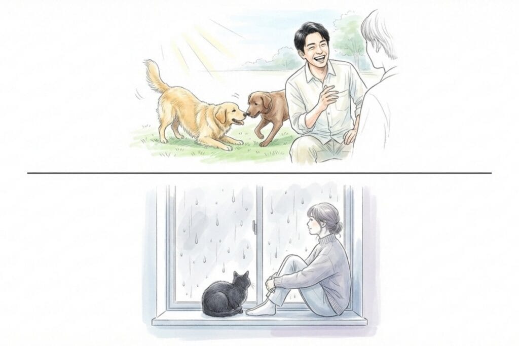 犬好きは屋外で犬と交流し、猫好きは室内で猫と静かに過ごすイメージ。犬派・猫派の性格傾向や行動パターンの違いを示す。
