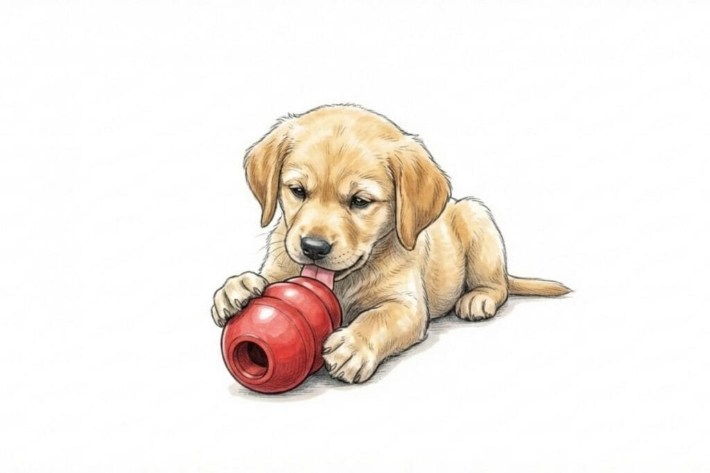 赤い知育玩具をなめる子犬の挿絵。コングを使った知育給餌で留守番中の退屈と時間稼ぎ