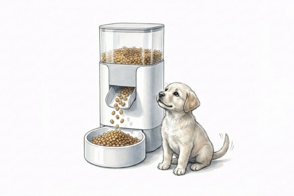 自動給餌器からフードが落ちる様子と子犬の挿絵。留守番中の自動給餌器選びのポイント