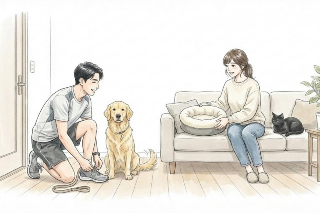 犬の散歩支度をする人と、ソファで猫とくつろぐ人の同居シーン。犬派と猫派で生活スタイルや優先行動が分かれる現実を表す。
