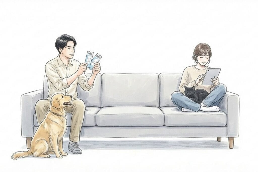 旅行チケットを手にする犬派の人と、猫を膝にタブレットを見る猫派の人がソファで別行動。ペット同伴や旅行方針の違いを示す。