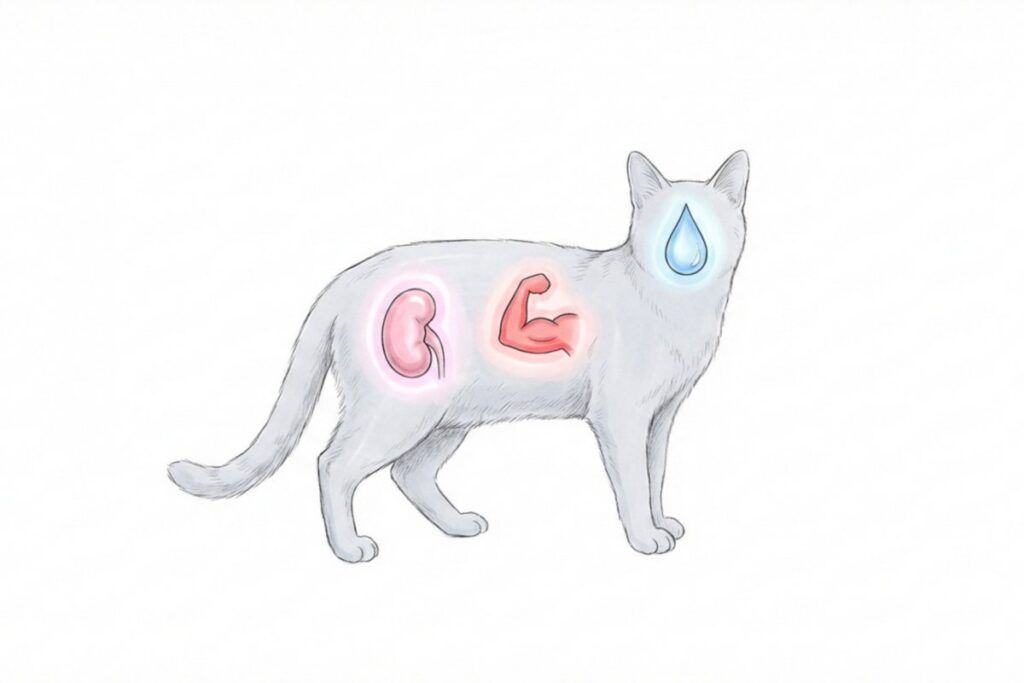 猫の体に腎臓のアイコン、筋肉のマーク、水滴を重ねた図。リン管理・筋肉維持・水分摂取を意識した猫の腎臓ケアのポイントを表す。