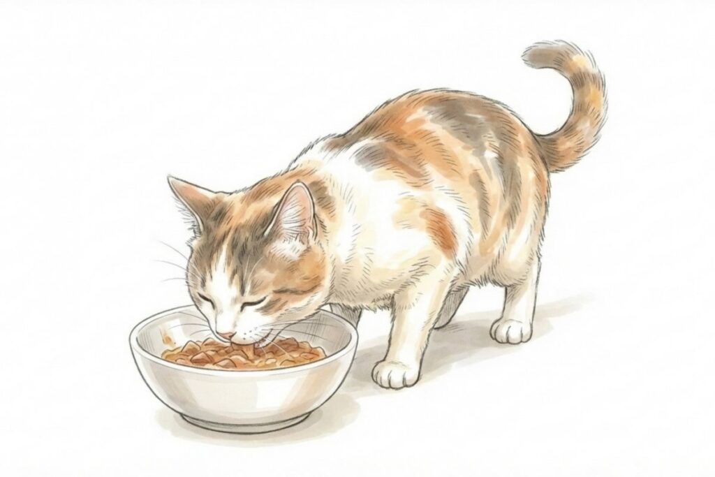 猫が器のウェットフードを食べている様子。食いつきと水分摂取を両立しながら猫の腎臓病予防フードを続けるイメージ。