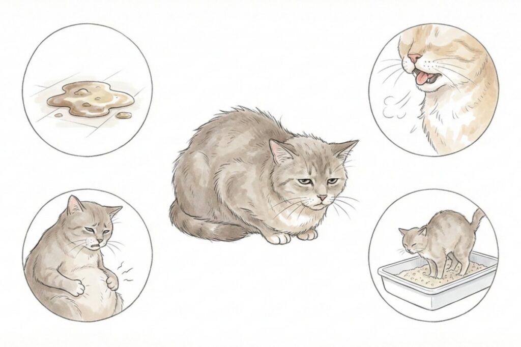 食欲が落ちた猫と、嘔吐・よだれ・お腹の不調・トイレ異常を示すイラスト。猫がご飯を食べないときの危険サインを表す。