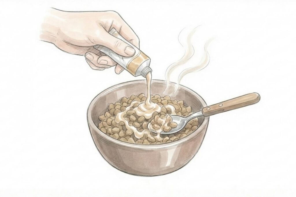 カリカリの入った器に液状のフードをかけ、湯気が立つ様子のイラスト。猫の食欲不振対策として、混ぜる・温めて香りを立てる工夫を示す。