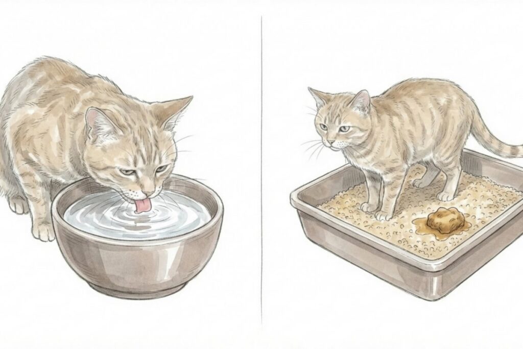 水を飲む猫と、トイレ（排泄）の様子を並べたイラスト。多飲多尿など腎臓病のサインとして観察したいポイントを表す。