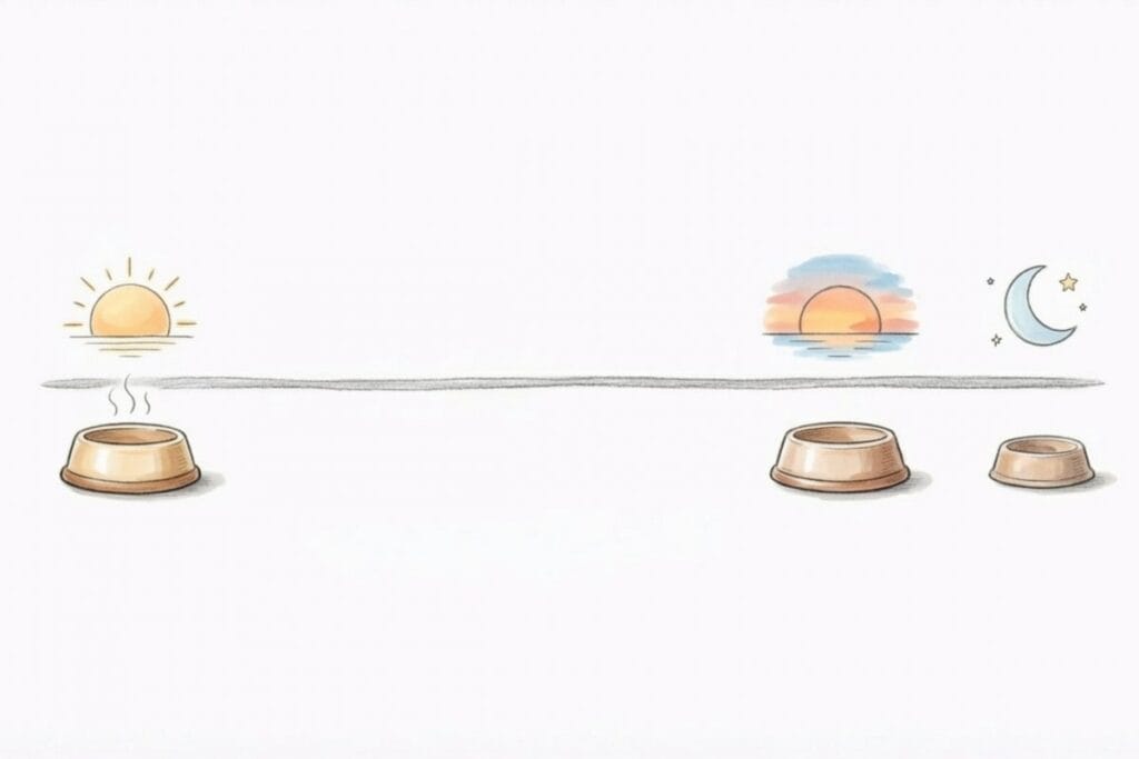 朝・夕・夜のマークと食器が並ぶタイムラインの挿絵。留守番時の給餌スケジュールの目安