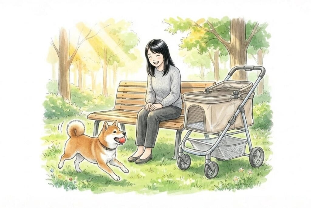 公園のベンチに座る女性の横にペットカートが置かれ、犬がボールで遊んでいる明るい場面。電車移動の準備を経て目的地に着いた後まで含め、ペットとの外出の流れを感じる風景。