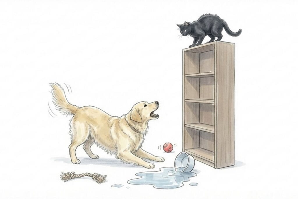 犬が棚の上の猫に吠え、床にはこぼれた水とおもちゃがある室内。犬と猫の縄張り・動線・ストレスによる同居トラブルを表す。