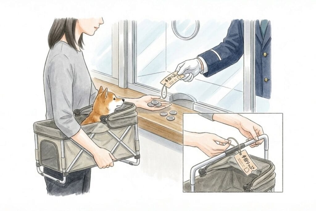 窓口で係員から手回り品きっぷを受け取り、小銭で支払う様子と、タグを取っ手に付ける手元の拡大図。JRや私鉄で必要になる料金精算と、手回り品票の付け方をまとめた構成。