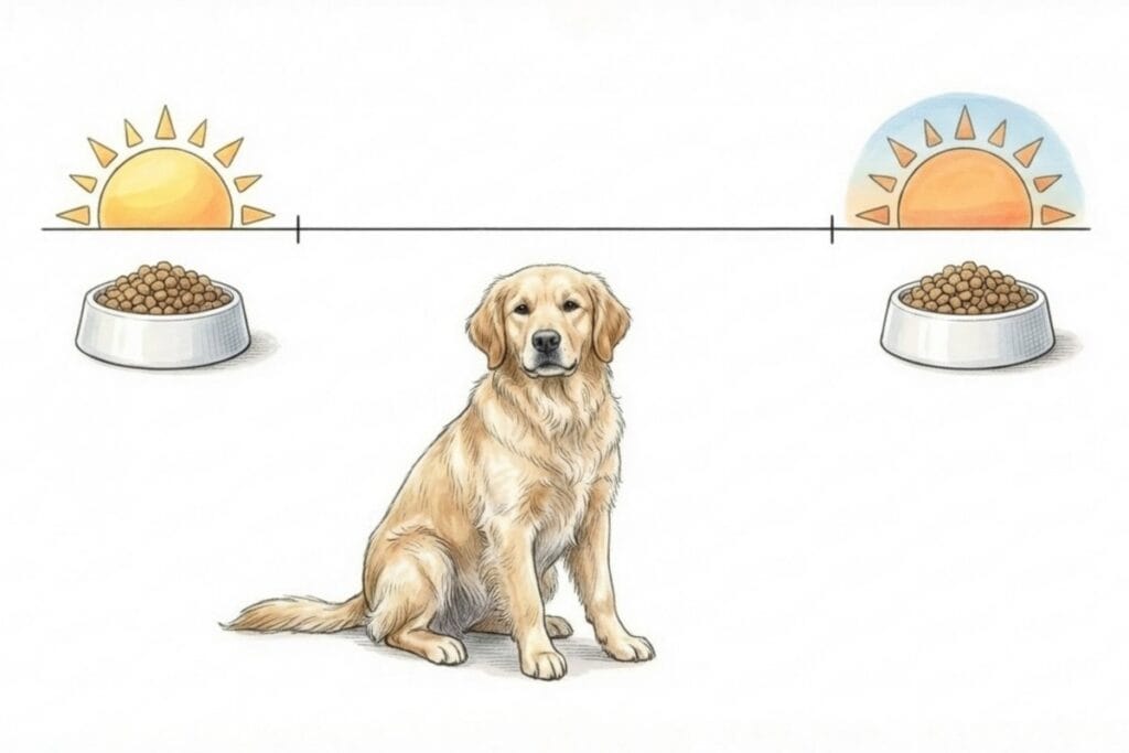 成犬と朝夕の食器が配置されたタイムラインの挿絵。昼ごはんをあげられない期間の目安