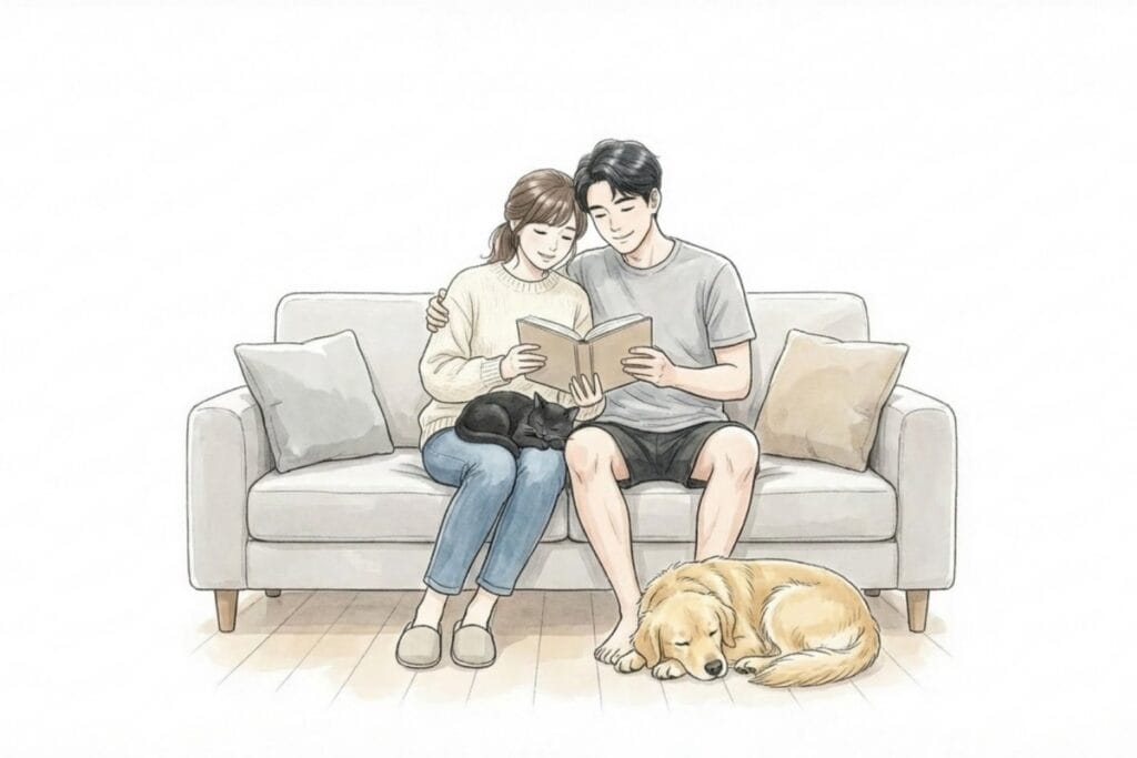 ソファで寄り添うカップルのそばで、猫は膝で眠り犬は足元で休む。犬派と猫派でも工夫次第で穏やかに共存できるイメージ。