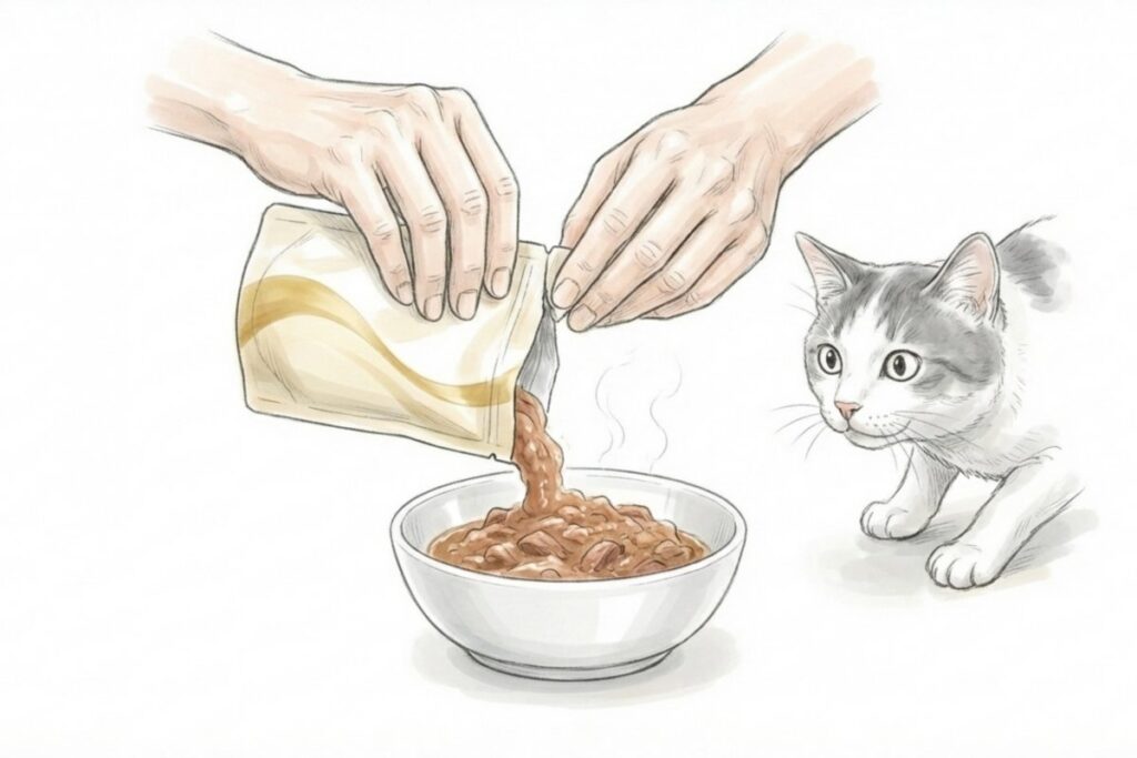 パウチから湯気の立つウェットフードを器に注ぎ、猫が興味深く見つめている。水分補給を助ける猫の腎臓ケア食の与え方を表現。