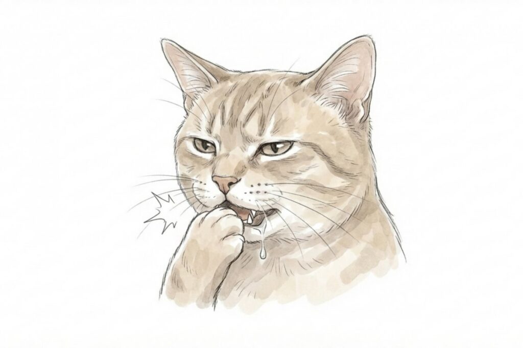 口を気にして前足で触れ、よだれが出ている猫のアップのイラスト。口内炎や歯周病でカリカリを食べないサインを示す。