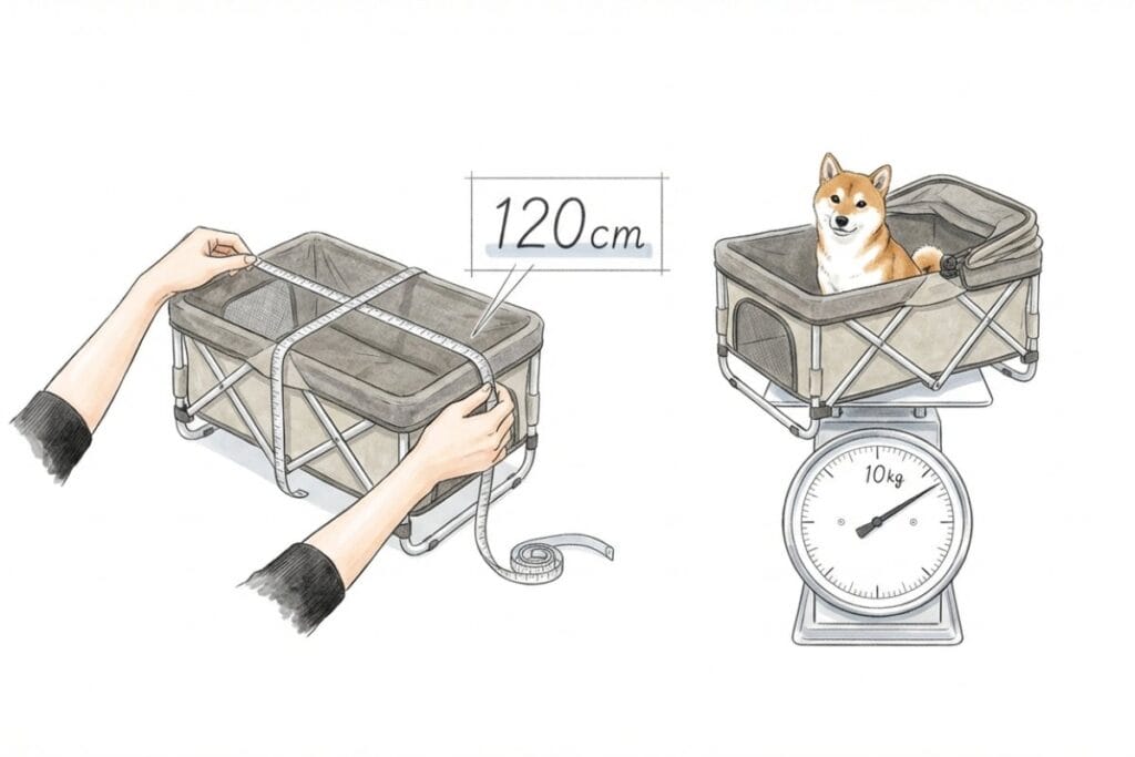 メジャーでコット外寸を測り「120cm」の表示が添えられた絵と、犬を載せた体重計の針が10kg付近を指すイラスト。3辺合計120cm以内と重量10kg以内の規定を確認する比較。