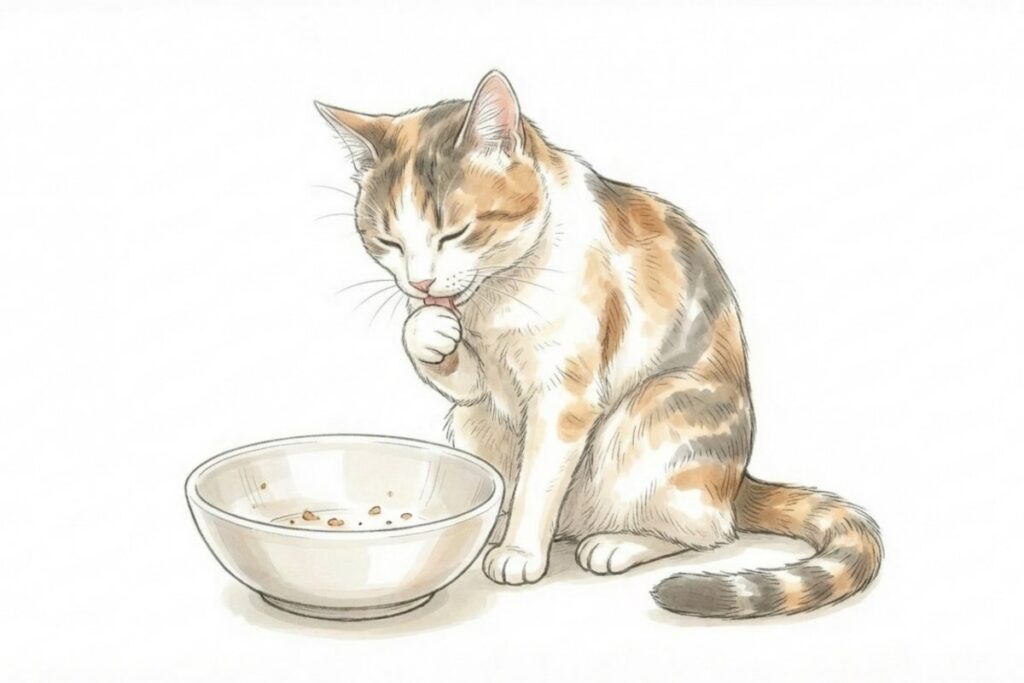 食後の器のそばで猫が前足を舐めて落ち着いている。毎日の食事管理で猫の腎臓の健康を支え、穏やかな暮らしにつなげるイメージ。