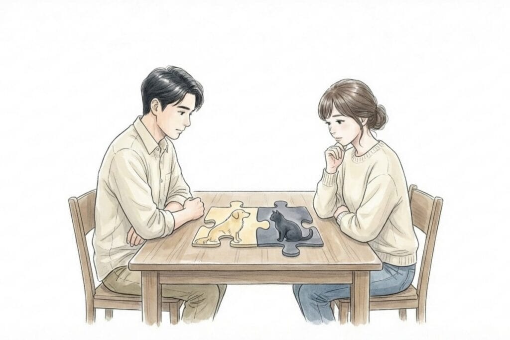 テーブル上の犬と猫のパズルが噛み合わない場面を見つめる男女。犬好き・猫好きの価値観の違いが衝突しやすいことを示す。