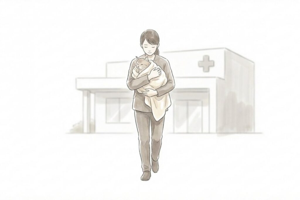 猫を抱えて動物病院へ向かう飼い主のイラスト。嘔吐や元気消失がある食欲不振では早めに受診する目安を示す。
