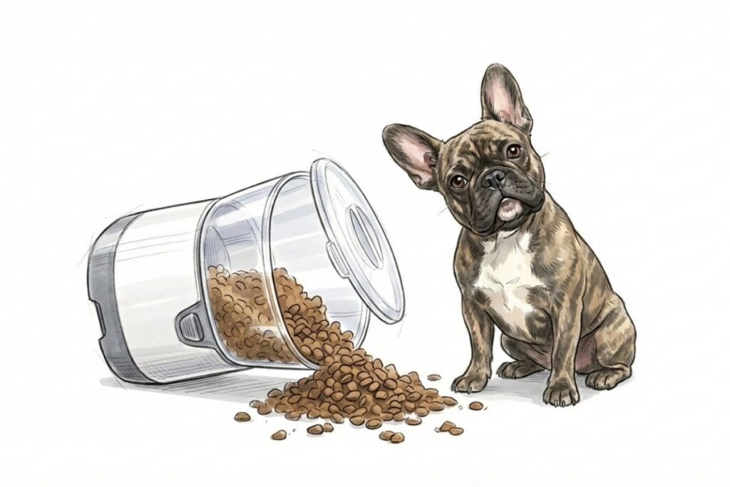 自動給餌器のタンクが倒れてフードが散乱し、犬が見つめる。転倒や盗み食いなどトラブル対策の注意点