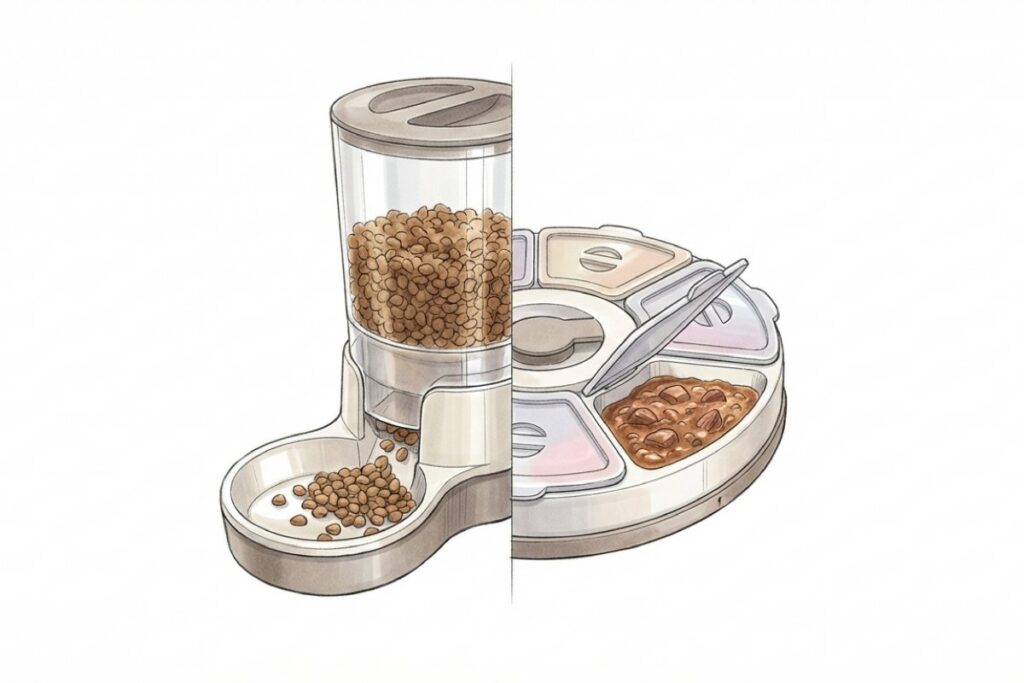 ストッカー式のドライフード自動給餌器と、ウェットフードを入れられるトレイ型給餌器を並べた比較イラスト