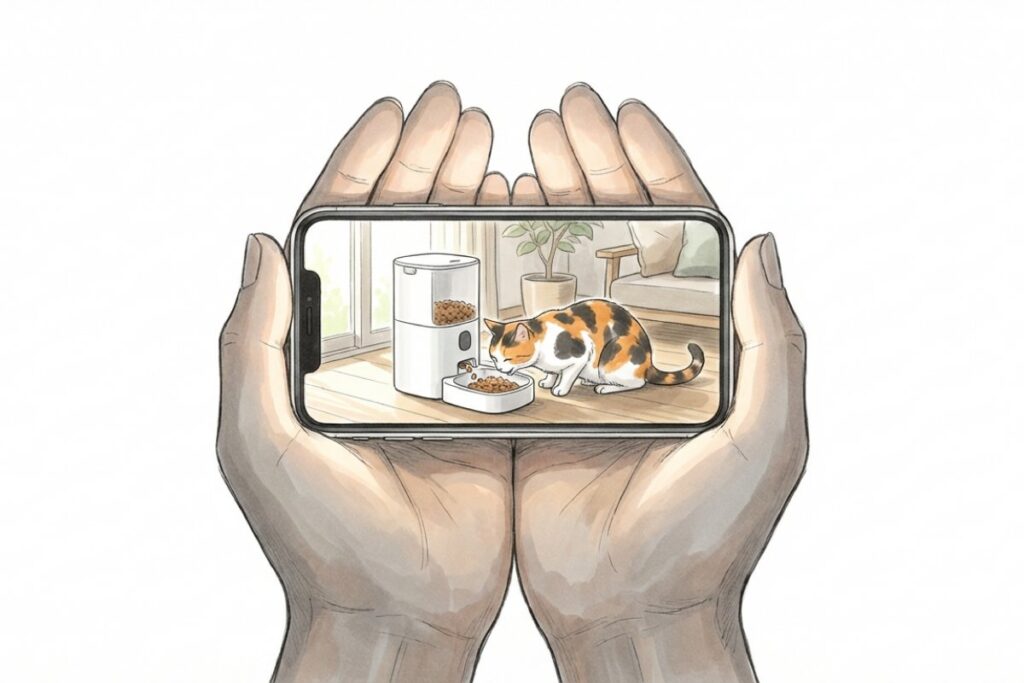 スマホ画面で自動給餌器から食べる猫を見守るイラスト。外出先から確認できる自動給餌器のイメージ