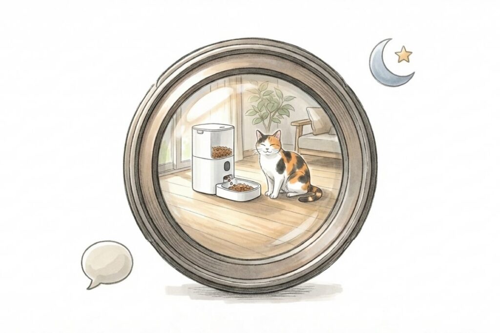 カメラレンズ越しに自動給餌器の前にいる猫を確認するイメージ。夜間の見守りや声かけ対応のカメラ付き自動給餌器