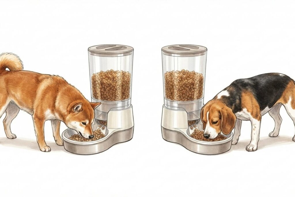 2台の自動給餌器でそれぞれ食事をする2匹の犬のイラスト。多頭飼いの食べ分けや取り合い対策のイメージ