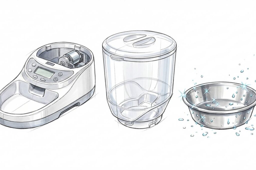 自動給餌器の本体・タンク・ステンレス皿が分解され、水洗いできる構造を示す。衛生管理と手入れのポイント