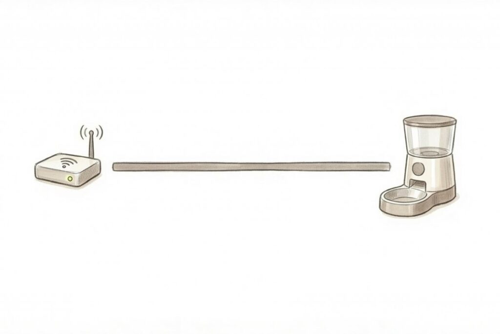 Wi-Fiルーターと自動給餌器の距離を示すイラスト。接続できないトラブルを防ぐ通信環境チェックのイメージ