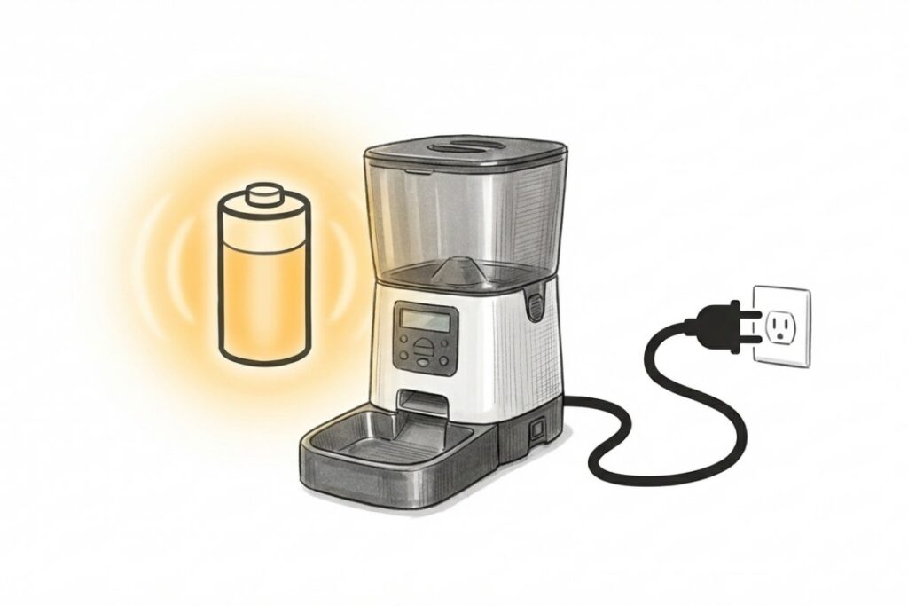 コンセントと電池アイコンが並ぶ犬用自動給餌器。停電時も動く2WAY給電・バックアップ電源のイメージ